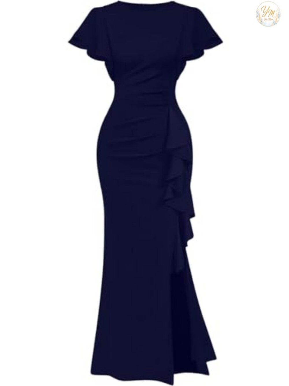 Women's Elegant High Split Ruched Bodycon Mermaid Maxi Dress Ruffle Long Sleeve